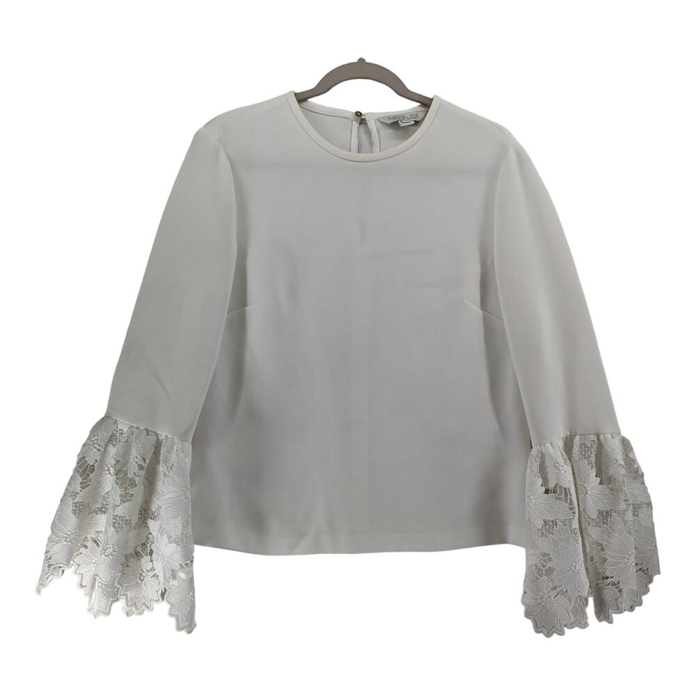Rachel Zoe Lace Blouse 8 White Crew Neck Bell Sleeves Keyhole Staple Work Party